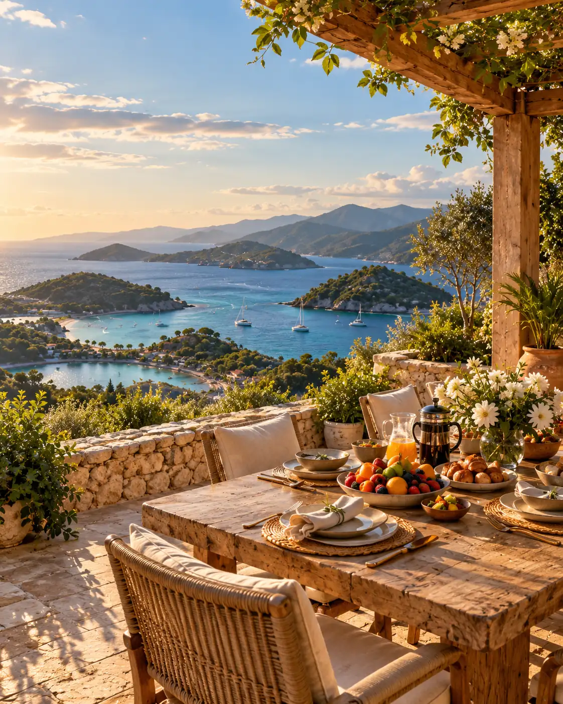 A breakfast table on a stone terrace overlooking a bay with sailboats