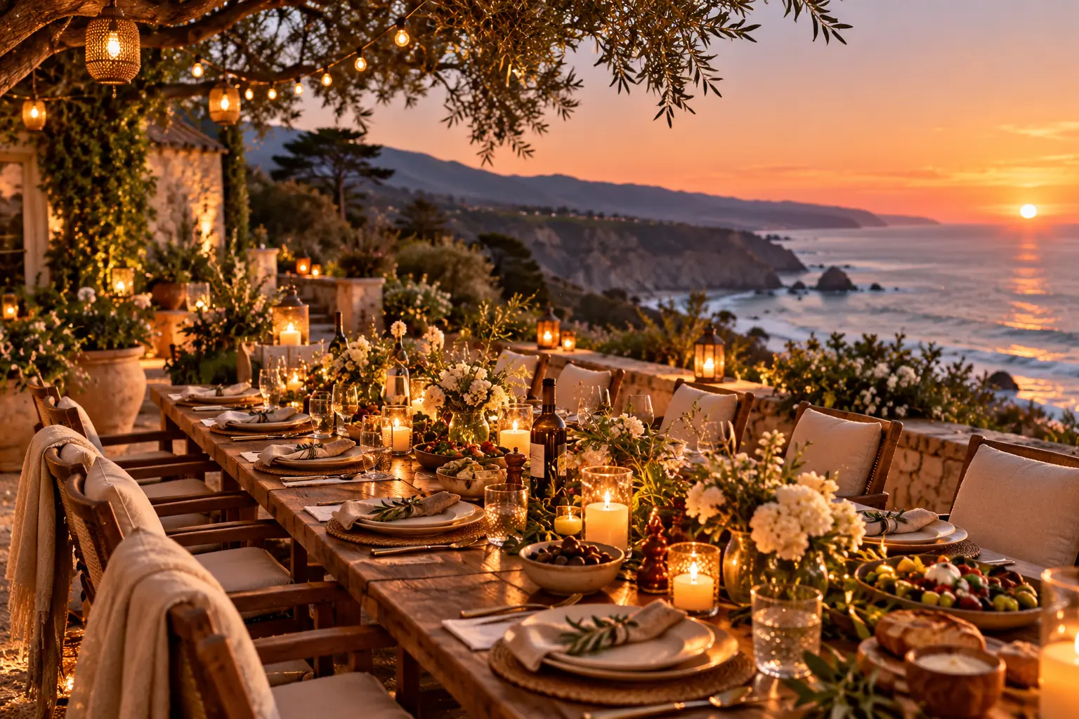 A candlelit dinner table on a coastal terrace at sunset