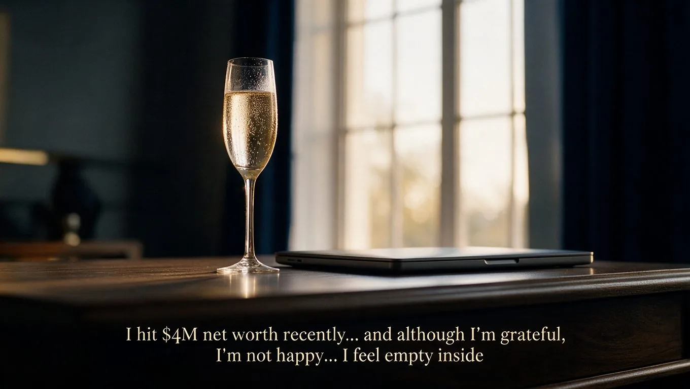 A glass of champagne beside a closed laptop at dusk, captioned: I hit $4M net worth recently, and although I'm grateful, I'm not happy. I feel empty inside.