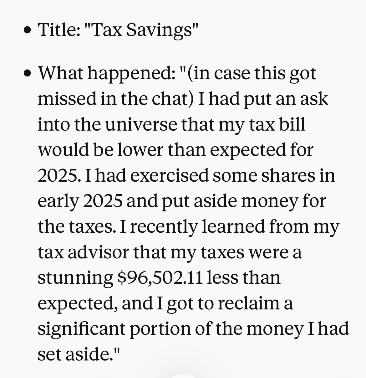 Client message titled Tax Savings: her tax bill came in $96,502.11 lower than expected and she reclaimed money she had set aside