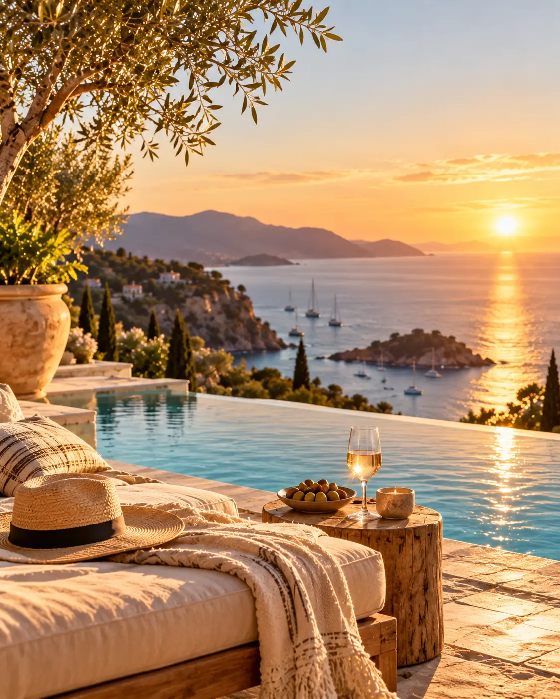 A daybed beside an infinity pool overlooking the sea at sunset