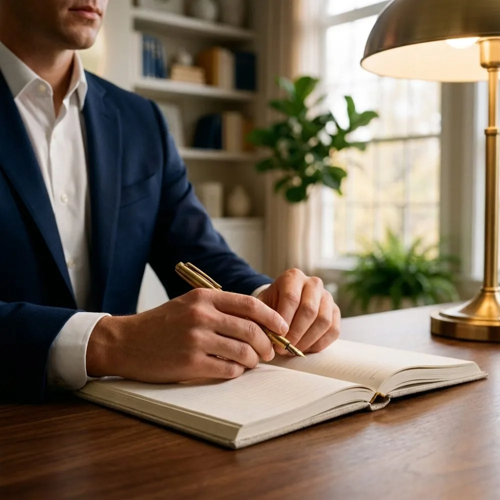 Hands writing with a gold fountain pen in an open notebook, navy suit sleeve visible