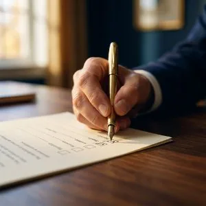 A hand holding a gold pen over a short checklist on cream paper