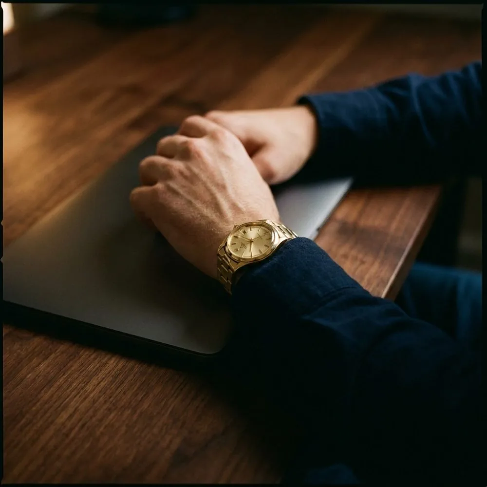 A wrist with a gold watch resting on a closed laptop on a dark wood desk