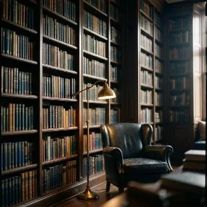 Dark wood library shelves with a leather armchair and a lit brass reading lamp