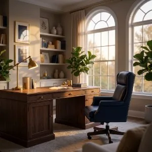 An empty navy leather executive chair beside a wood desk, brass lamp on, evening light through arched windows