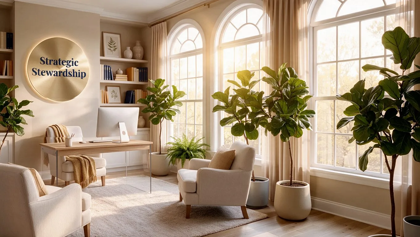 The Strategic Stewardship office: a sunlit room with arched windows, fiddle-leaf figs, cream armchairs and a gold Strategic Stewardship sign