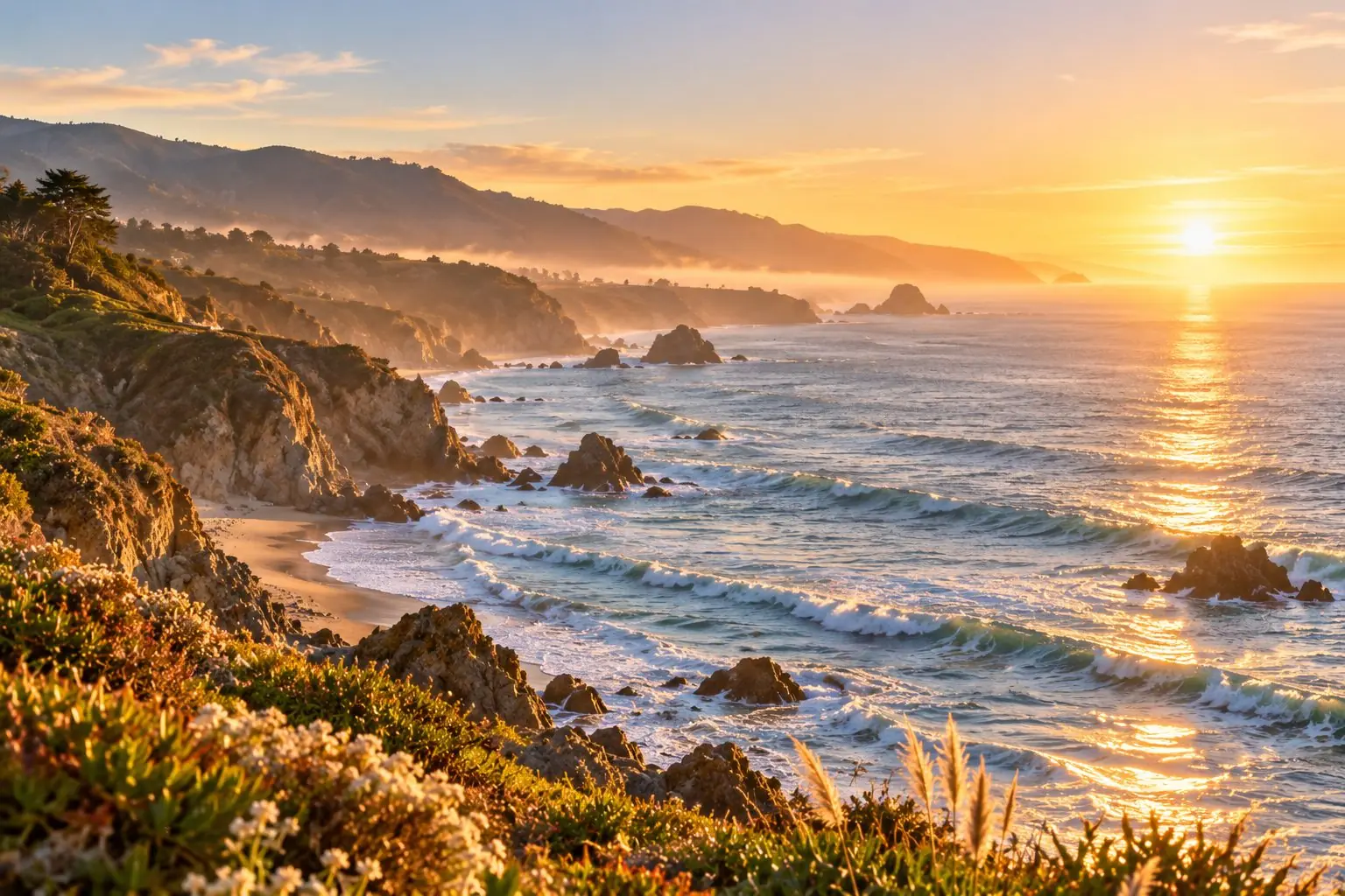 A rugged coastline at golden hour